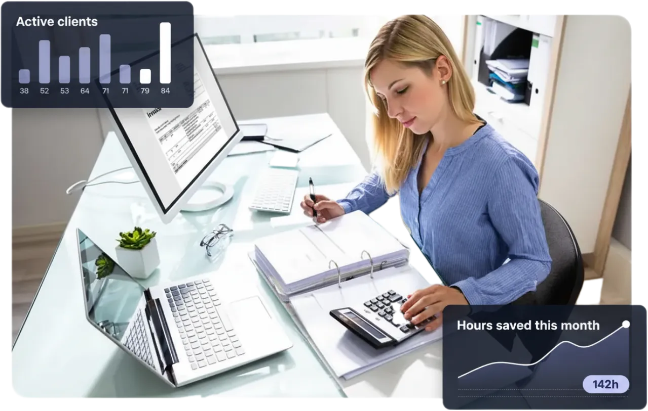An accountant at her desk with a TaxLayer Active clients bar chart and Hours saved this month line chart overhanging the photo frame